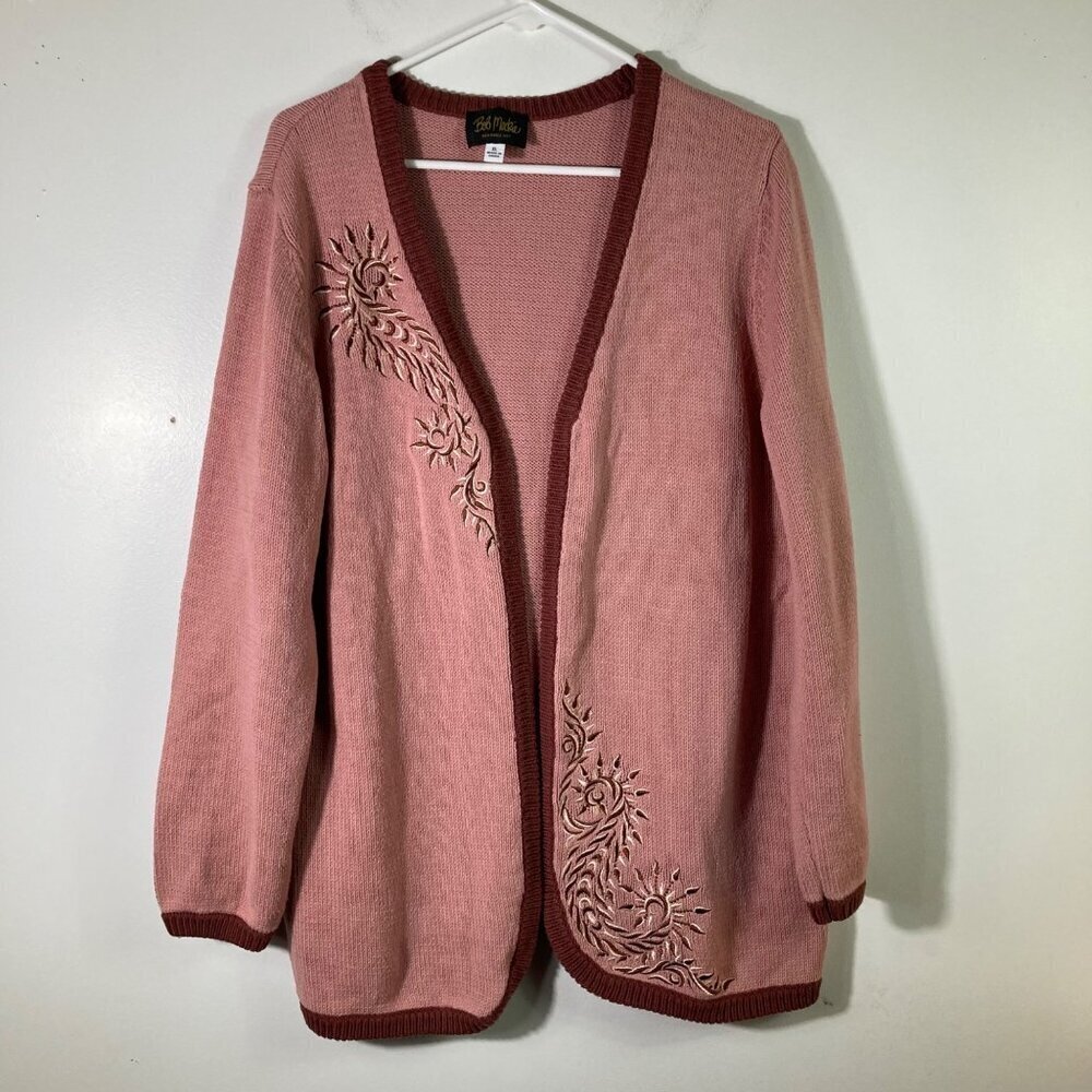 Womens Bob Mackie Wearable Art Open‎ Cardigan Sweater Embroidered Pink XL